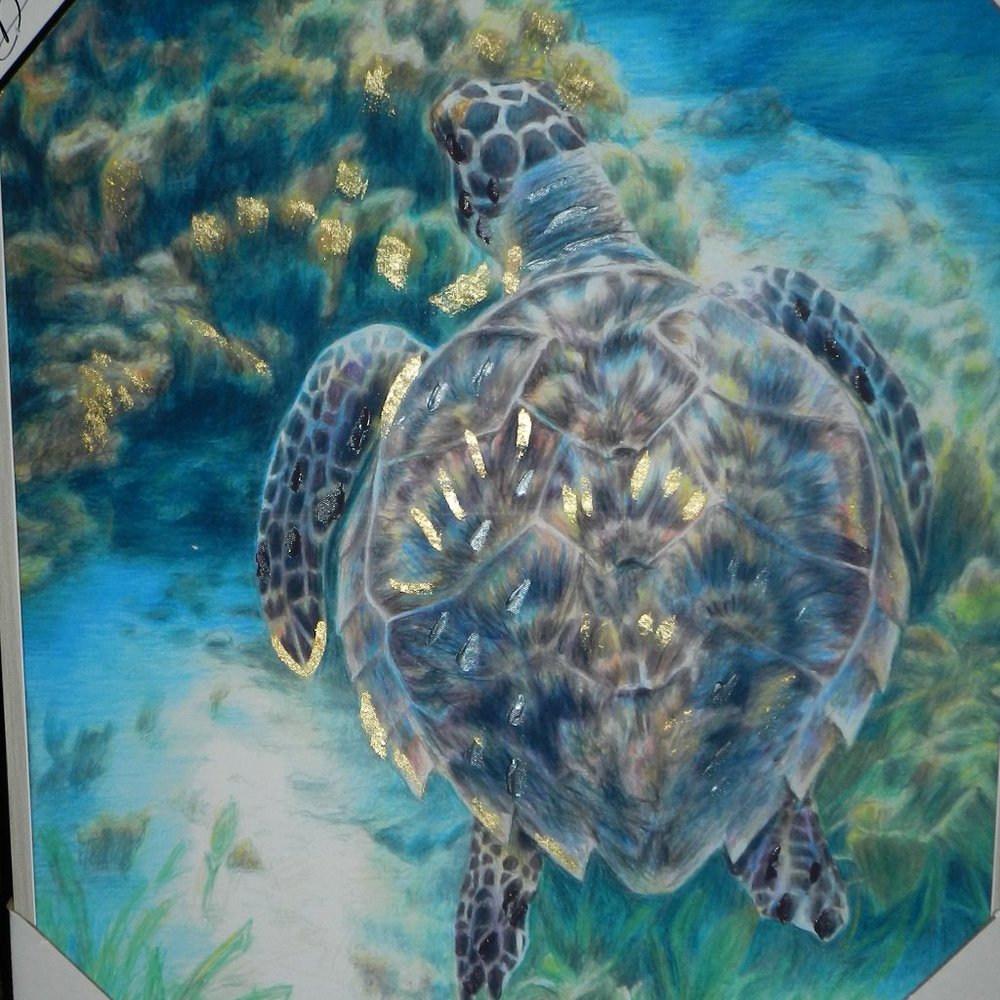 Carla Kurt "Into The Deep Ocean Sea Turtle" Wood Framed Painting Wall Art NWT - Picture 6 of 11